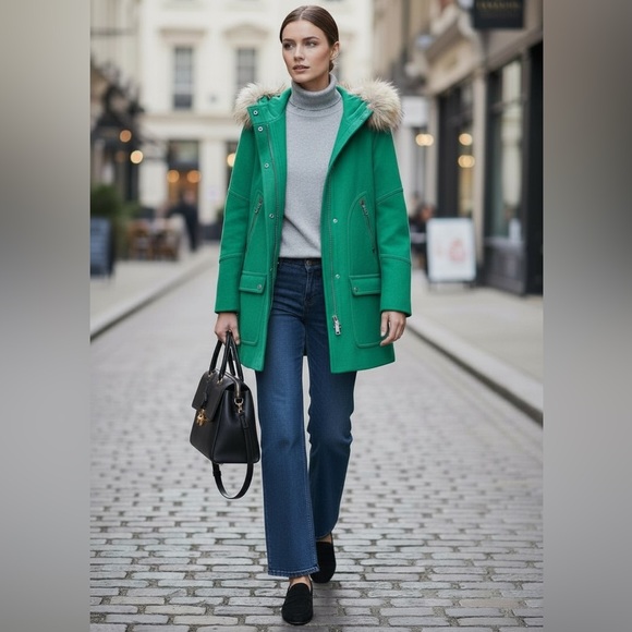 J. Crew Chateau Parka Italian Wool Stadium Cloth Faux Fur Hooded Coat Green Sz 4 - Picture 2 of 16